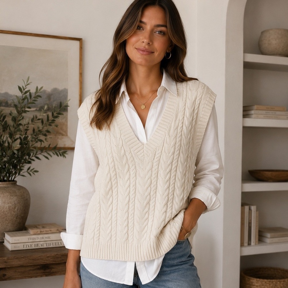 Talbots Sweater Vest Cable Knit V-Neck Preppy Old Money Coastal Grandmother M